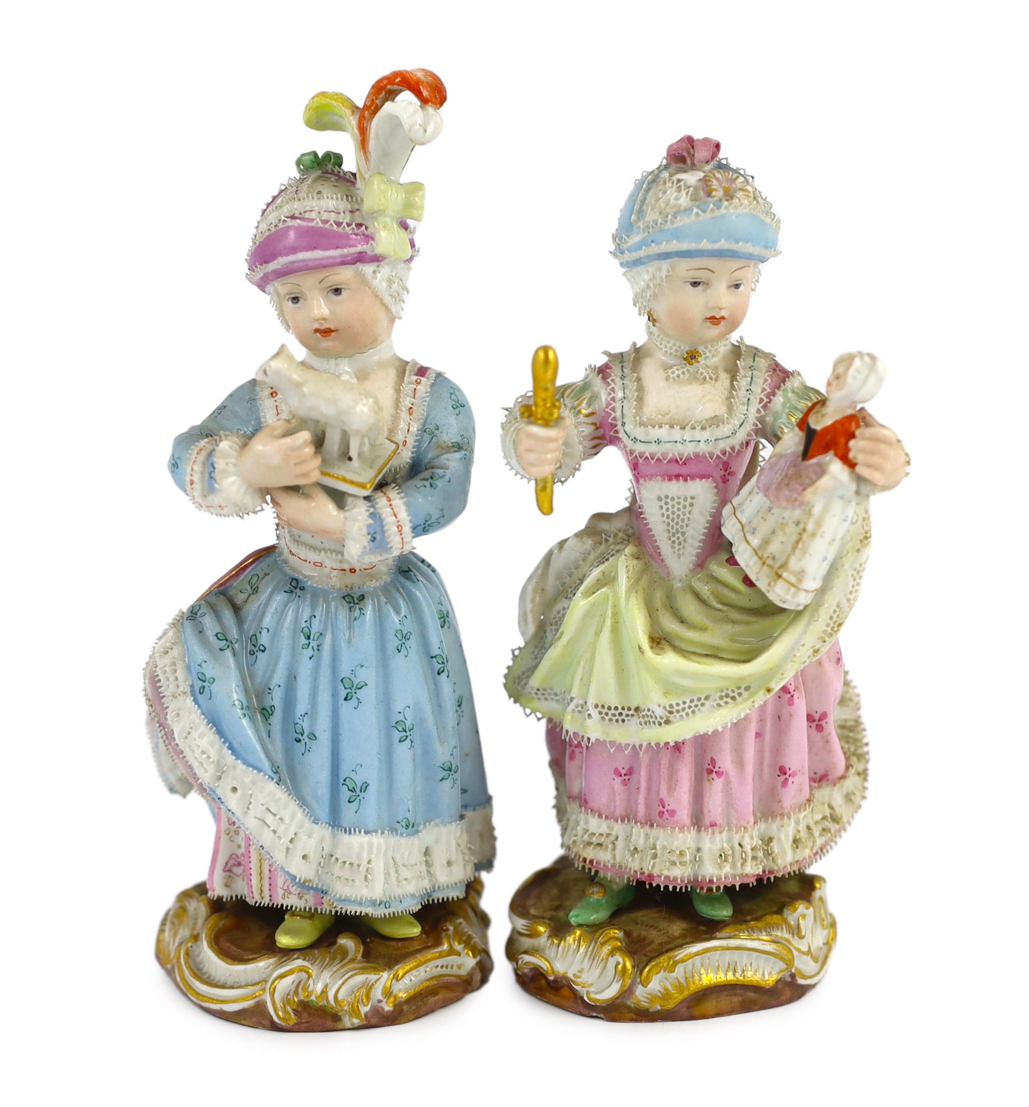 Two Meissen figures of a girl holding a doll and another with a toy sheep, 19th century, tiny losses